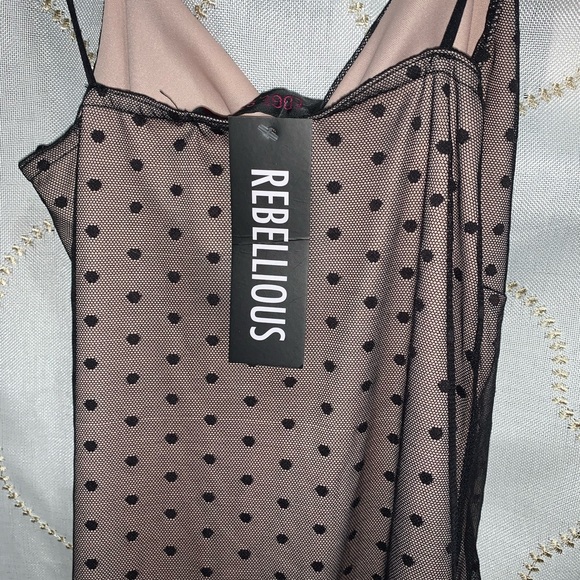 NWT REBELLIOUS BLACK & NUDE POLKA DOT MINI DRESS - Picture 4 of 4